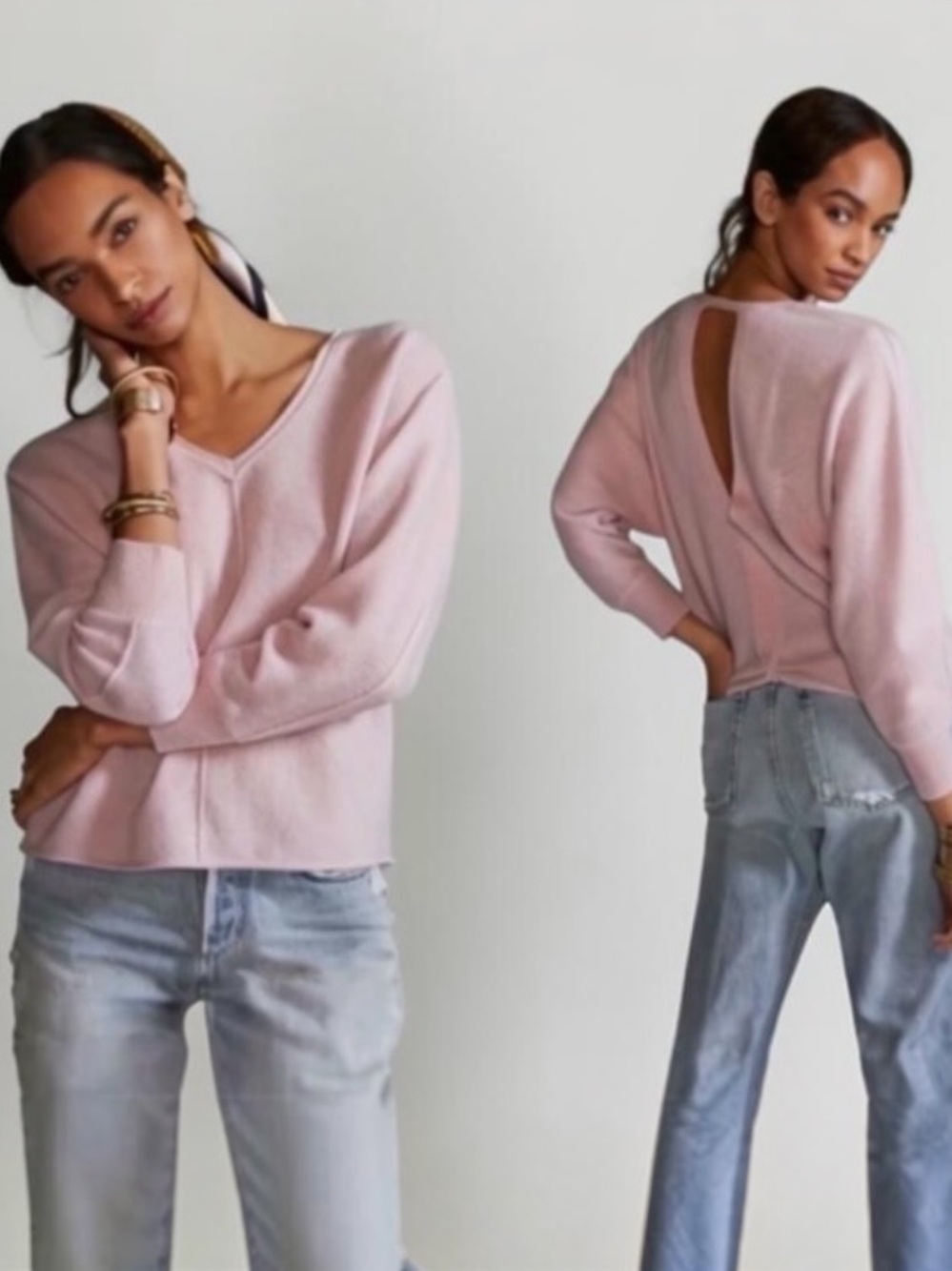 New! PILCRO ANTHROPOLOGIE Open Back 100% Cashmere Pink Dolman Sleeve Sweater XL